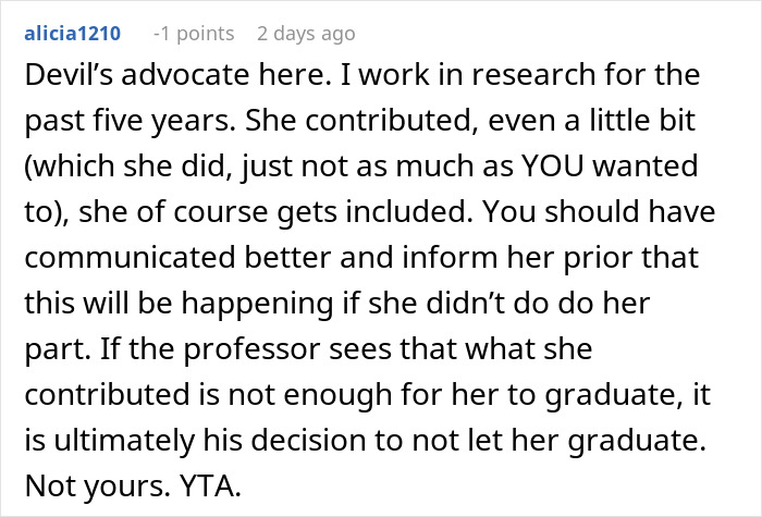 Comment discussing woman at risk of not graduating due to insufficient contribution to shared thesis project.
