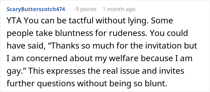 Screenshot of an online comment discussing bluntness and its impact on a woman unable to travel with friend. Screenshot of an online comment discussing bluntness and its impact on a woman unable to travel with friend.