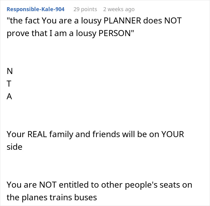 Screenshot of a Reddit comment explaining a woman refusing to give up her seat on a long flight despite a mom&rsquo;s tantrum.