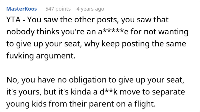 Screenshot of an online forum discussing not switching airplane seats and ignoring children during a flight conflict.