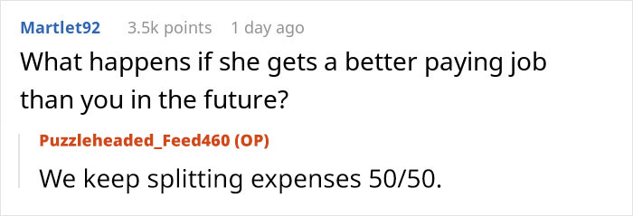 Online conversation showing a woman furious as boyfriend insists on splitting expenses 50/50 before moving in together. Online conversation showing a woman furious as boyfriend insists on splitting expenses 50/50 before moving in together.