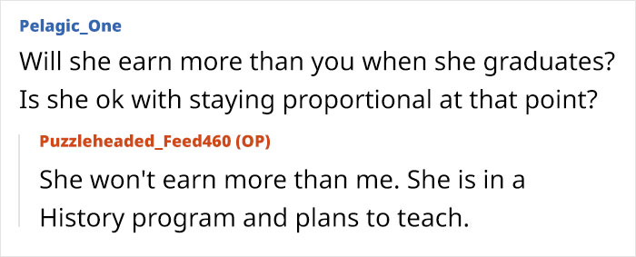Comment exchange about earnings and fairness in a relationship, discussing 50/50 split and proportional contributions. Comment exchange about earnings and fairness in a relationship, discussing 50/50 split and proportional contributions.