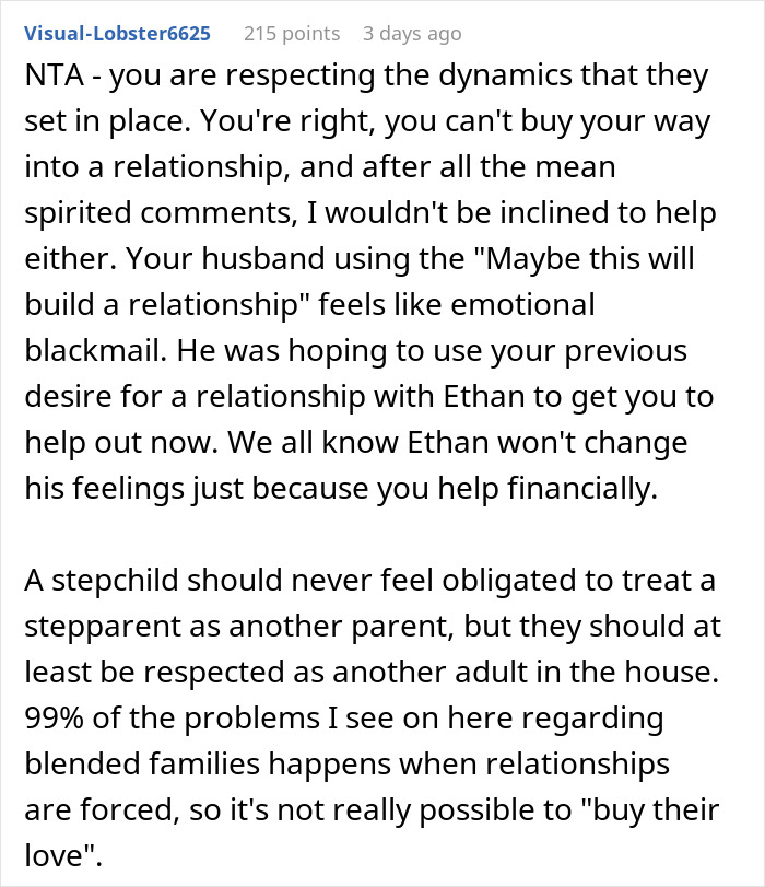 Comment about respecting family dynamics and emotional blackmail in a husband asking to pay for stepson’s surgery. Comment about respecting family dynamics and emotional blackmail in a husband asking to pay for stepson’s surgery.