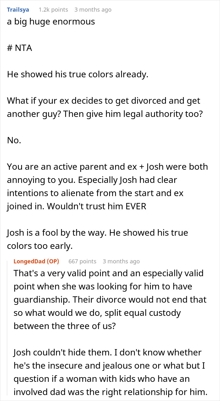Reddit discussion about an active dad feeling alienated by ex&rsquo;s new husband trying to push him out of kids&rsquo; life.