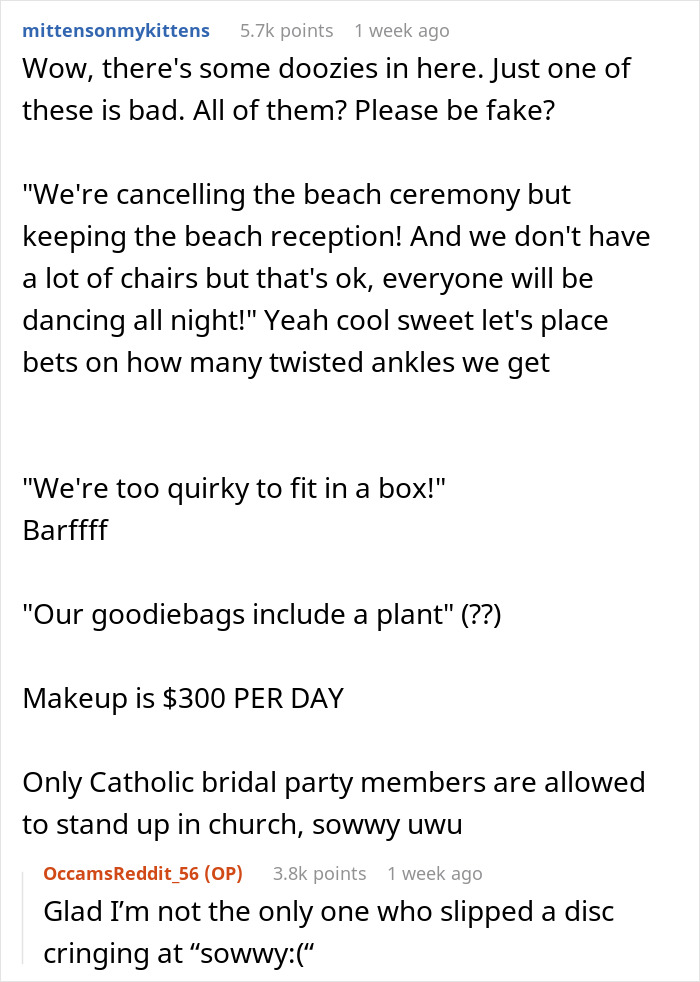 Reddit comments reacting to last-minute wedding changes with mixed opinions and frustrations about unusual wedding rules.