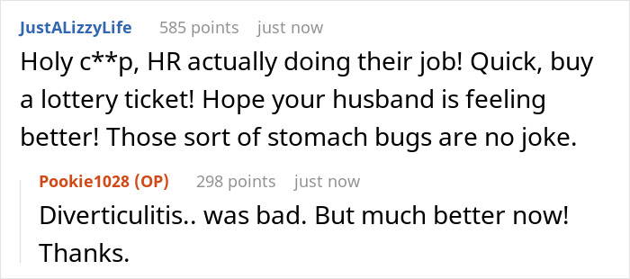 Screenshot of a Reddit conversation discussing HR and confirming a colleague’s sickness with comments on health and recovery. Screenshot of a Reddit conversation discussing HR and confirming a colleague’s sickness with comments on health and recovery.
