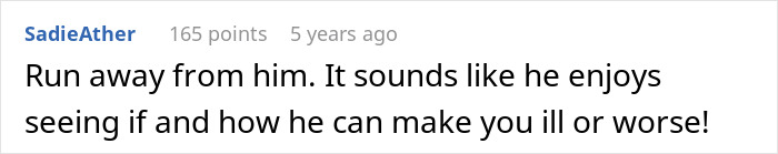 Screenshot of a user comment warning to run away from a guy who feeds girlfriend slugs and pet snail for months.