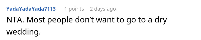 Screenshot of a Reddit comment discussing opinions on secretly selling alcohol at a dry wedding to cover costs.