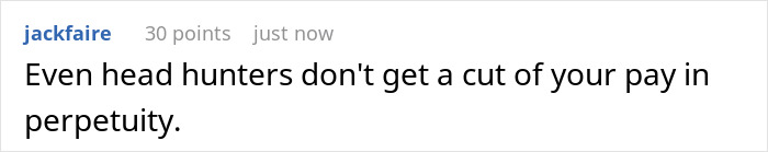 Screenshot of a forum comment discussing head hunters and job referral commission in a text-only post.