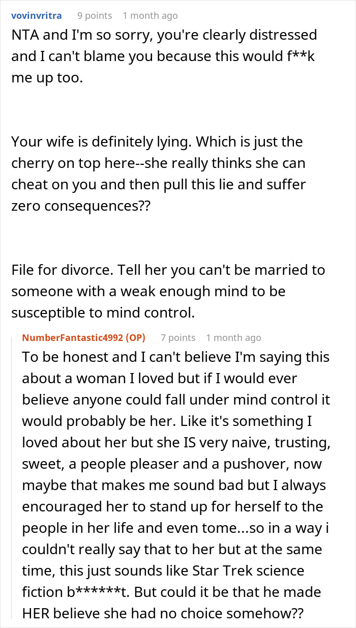 Reddit conversation discussing a wife who cheats and claims mind control as an excuse in a troubled marriage.