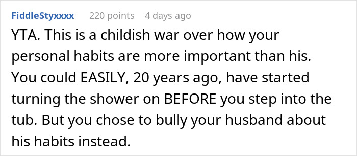 Comment criticizing a wife threatening a cold shower over husband's bad memory and personal habits in a relationship dispute.