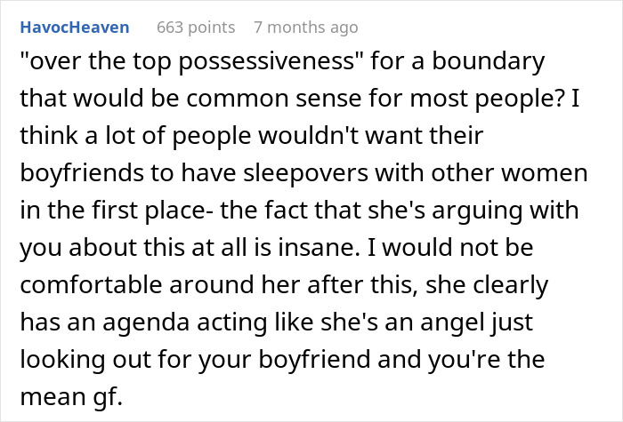 Text post showing a user discussing upset feelings about friend&rsquo;s girlfriend not allowing sleepovers in the same bed.