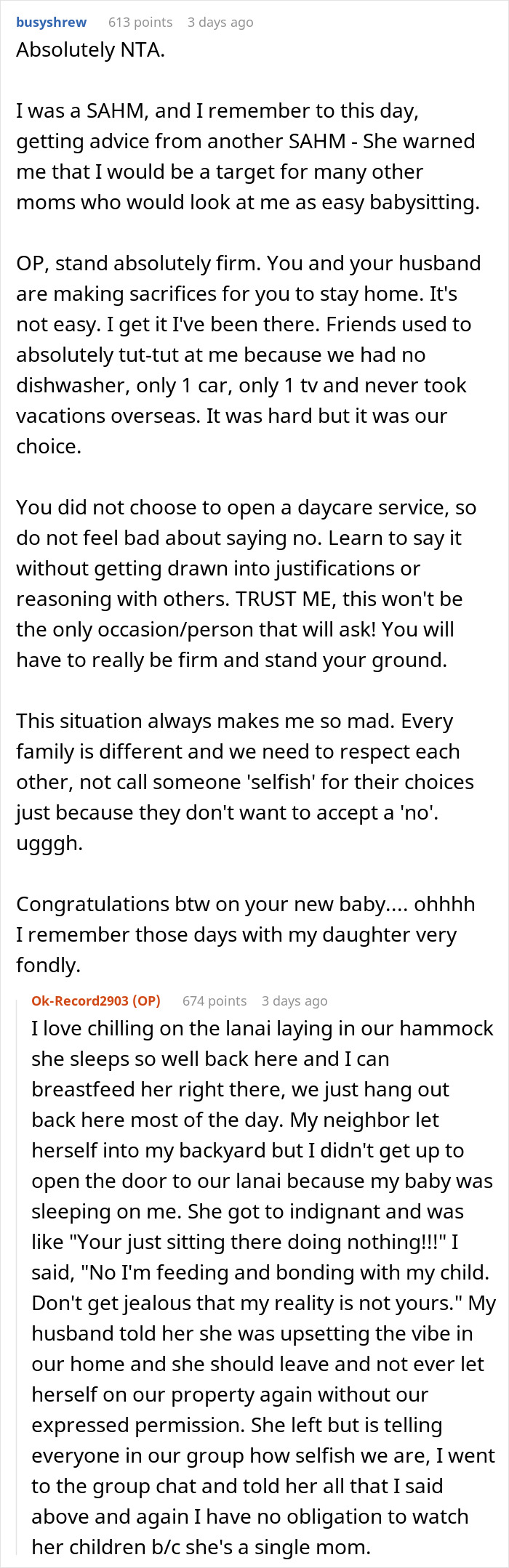 Screenshot of online discussion about a SAHM neighbor refusing to babysit leading to a tantrum and boundary setting.