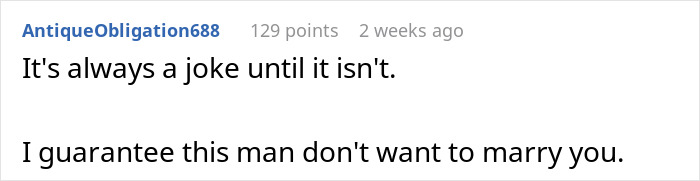 Comment about groom-to-be making cold feet jokes, with bride wondering if he has second thoughts about marriage.