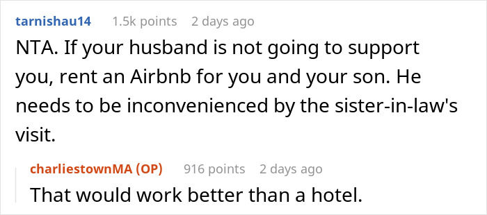 Comment discussing man not prepared to deal with sister-in-law&rsquo;s kid, suggesting paying for alternate accommodation.