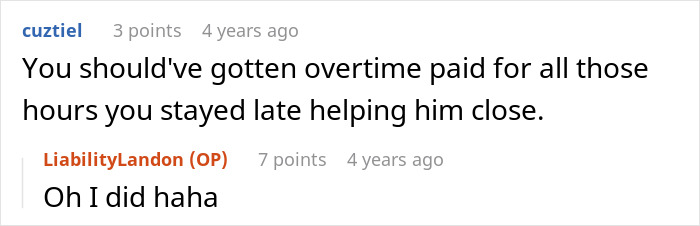 Screenshot of a Reddit conversation discussing overtime pay related to a guy being told to stop being late and stick to his schedule.