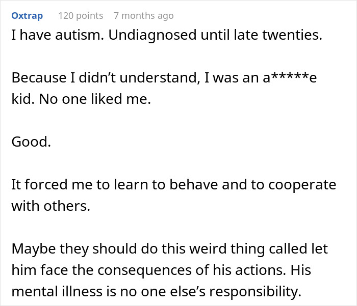 Comment discussing autism diagnosis and behavior, related to babysitter refusing to watch one specific child discrimination.