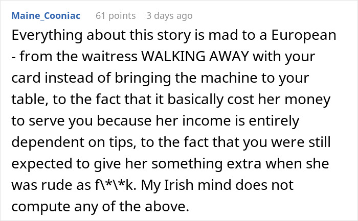 Comment discussing tipping culture and the consequences of tipping 83 cents in a restaurant setting.