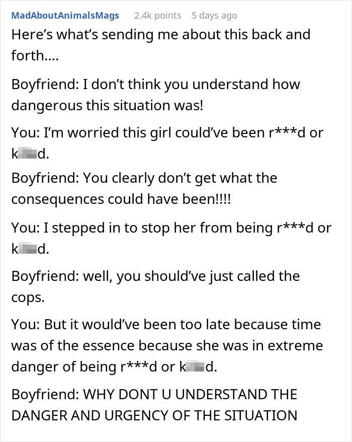 Text conversation about a guy losing it after his girlfriend confronts men trying to kidnap a drunk girl. Text conversation about a guy losing it after his girlfriend confronts men trying to kidnap a drunk girl.