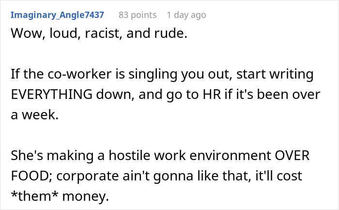 Text post discussing a coworker creating a hostile work environment over a woman&rsquo;s lunch smelling too real.