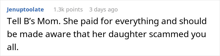 Comment about MOH overcharging for the bachelorette party and misleading others about the expenses.