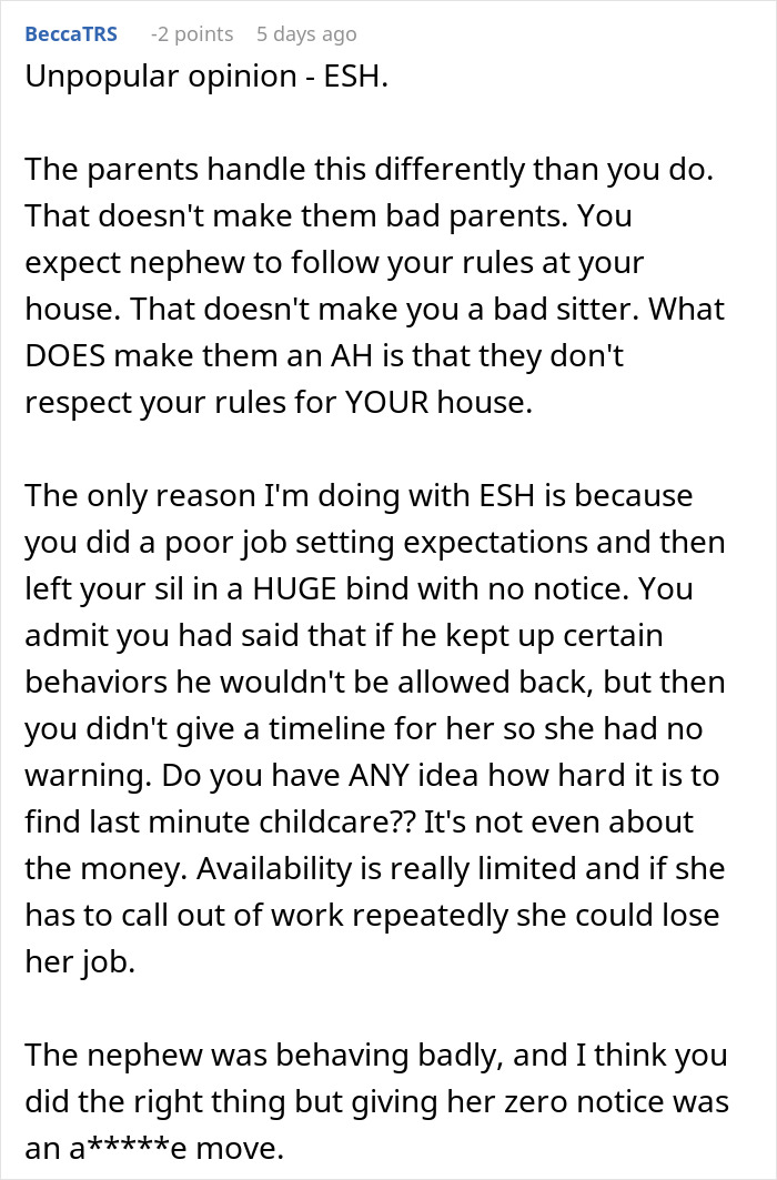 Comment discussing the chaos caused after woman offers to babysit SIL’s kid for free, regretting the decision. Comment discussing the chaos caused after woman offers to babysit SIL’s kid for free, regretting the decision.