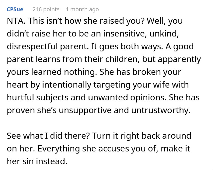 Screenshot of a forum comment reacting to a MIL shocked her son actually kicks her out after unhinged comments.