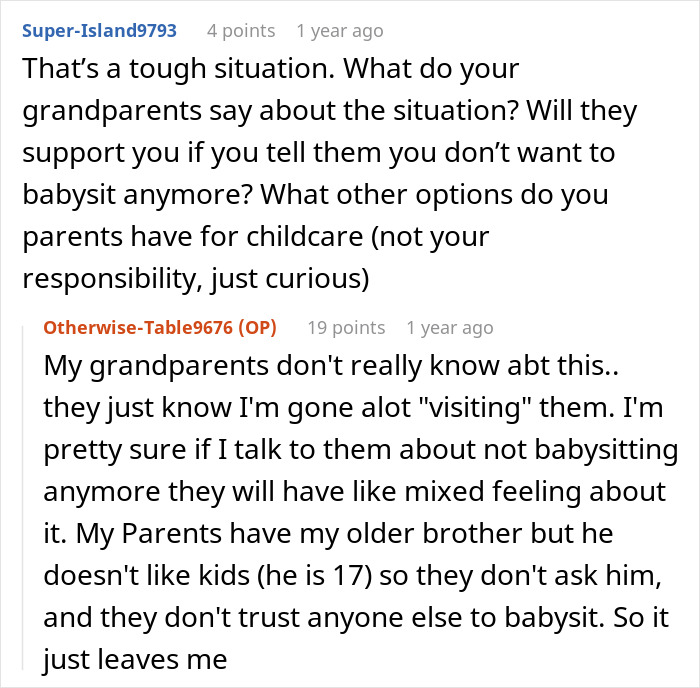 Alt text: Online conversation about a teen girl struggling to babysit her step siblings and discussing family support options. Alt text: Online conversation about a teen girl struggling to babysit her step siblings and discussing family support options.