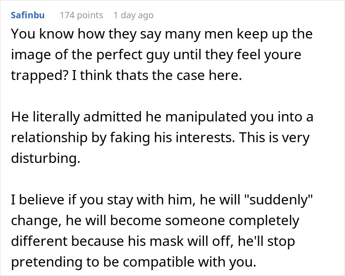 Comment discussing a woman learning her boyfriend stalked her before they met, feeling their love story is a lie. Comment discussing a woman learning her boyfriend stalked her before they met, feeling their love story is a lie.
