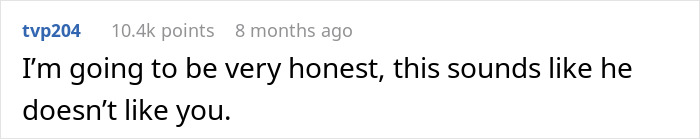 Text comment on a white background reading I&rsquo;m going to be very honest, this sounds like he doesn&rsquo;t like you, highlighting loneliness and banned conversation topics.