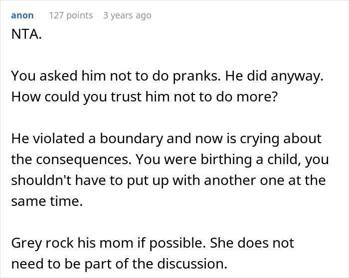 Screenshot of a forum comment discussing a man furious after being removed from the delivery room over an inappropriate prank.