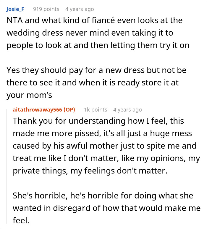 Reddit user shares frustration after wedding dress was ruined by mother-in-law who insisted on trying it on.