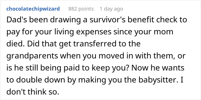 Comment discussing a teen refusing to be part of a blended family but stepmom expects him to babysit anyway.