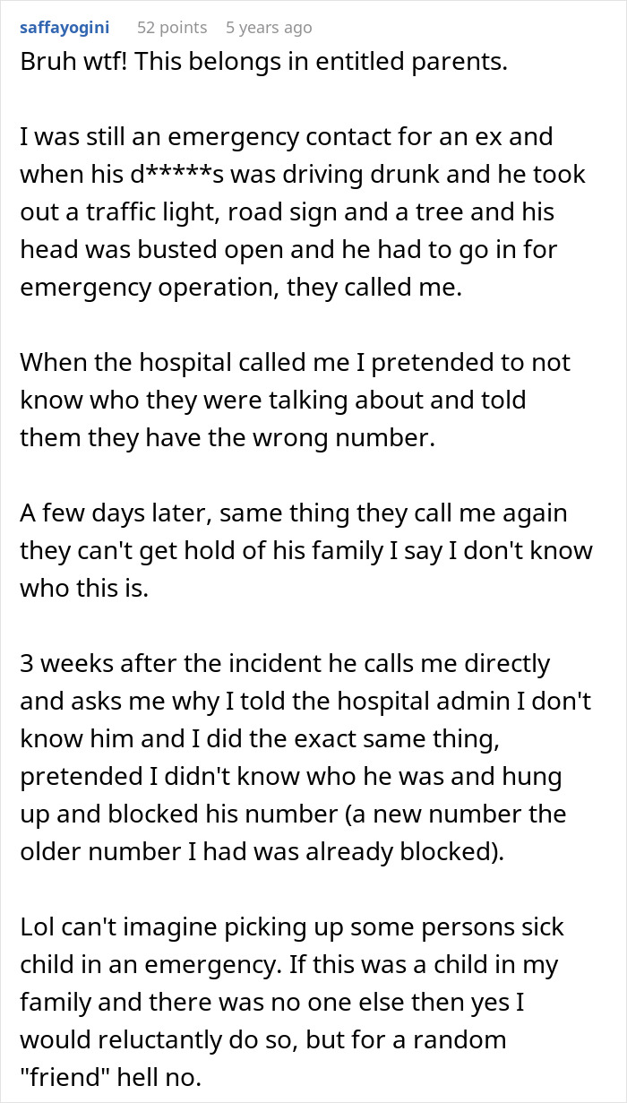 Woman listed as emergency contact refuses to pick up kid after incident involving drunk driving and hospital calls.