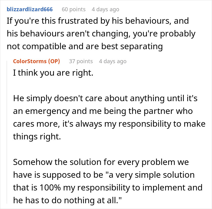 Reddit conversation about wife threatening husband with cold showers over his bad memory and relationship frustrations.