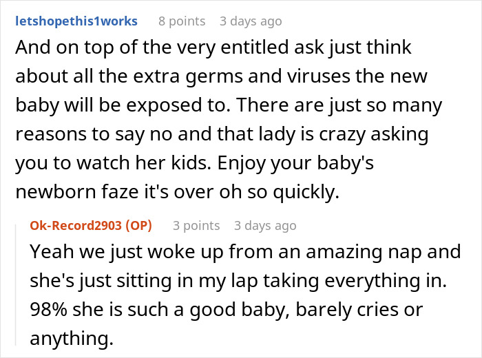 Screenshot of a discussion about a mom assuming neighbor will babysit because she&rsquo;s a SAHM and the ensuing frustration.