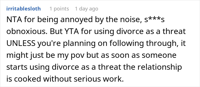 Reddit comment discussing annoyance with loud MrBeast videos and the threat of divorce in the relationship. Reddit comment discussing annoyance with loud MrBeast videos and the threat of divorce in the relationship.