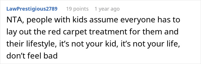Screenshot of a comment discussing a woman throwing a fit when sibling refuses to babysit her child all summer for free.