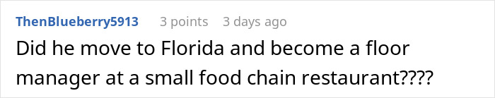 Reddit comment questioning if an influencer marketing coworker moved to Florida and became a floor manager at a small restaurant.