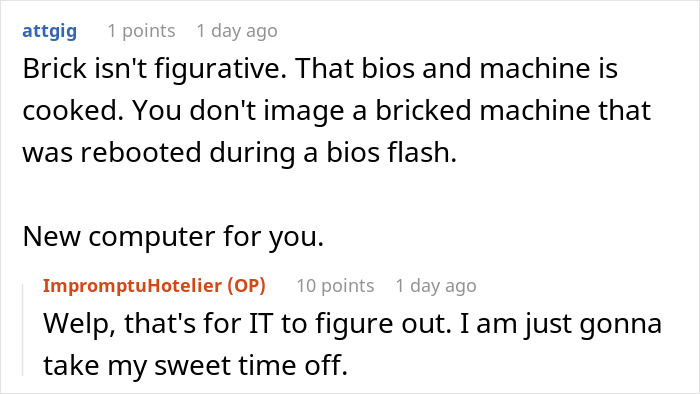 Screenshot of a forum discussion about an employee sabotaging a work laptop after seeing colleagues get special treatment. Screenshot of a forum discussion about an employee sabotaging a work laptop after seeing colleagues get special treatment.