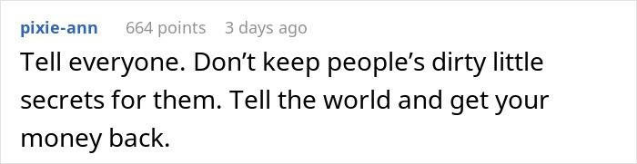 Comment on a forum post, text on a white background, discussing MOH overcharged the bachelorette and pocketed all the money.