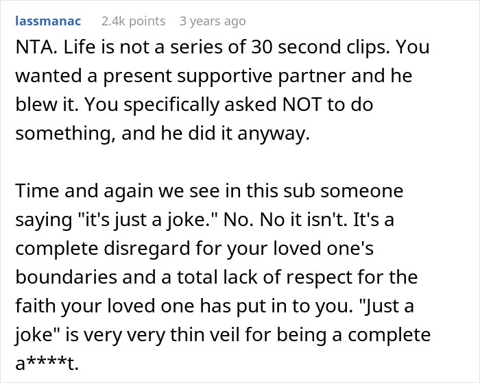 Reddit comment discussing a man furious after wife removes him from delivery room over inappropriate prank.