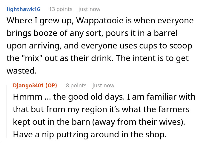 Chat conversation about friend wine sample insult, sharing nostalgic stories of homemade drinks and regional customs.