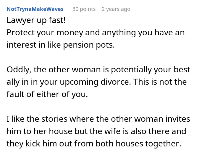 Screenshot of online comment advising to act fast and protect assets when a man hides a secret second family revealed by his wife.