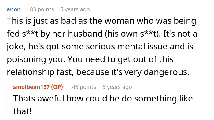 User comments discussing a guy feeding his girlfriend slugs and her pet snail over months with concern and warnings.