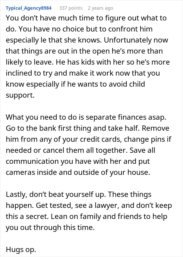 Advice text on confronting a man hiding a secret second family, managing finances, and seeking support after the truth is revealed.