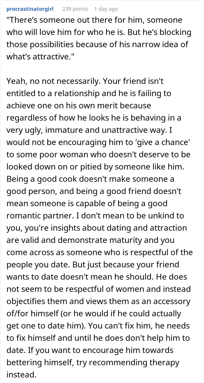 Reddit user discusses man wanting to date influencer-like women and friend giving him a reality check on attraction and respect. Reddit user discusses man wanting to date influencer-like women and friend giving him a reality check on attraction and respect.