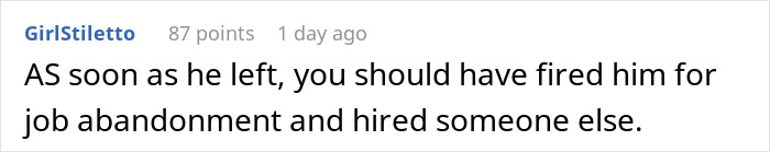 Comment about job abandonment and hiring someone else after brother-in-law starts kitchen renovation and leaves for vacation.