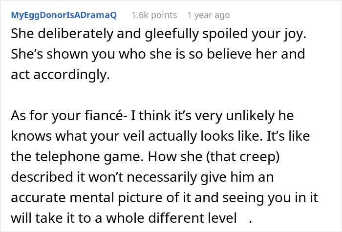 Screenshot of a Reddit comment discussing how loud comments from a MIL ruined the magic of a wedding dress surprise.