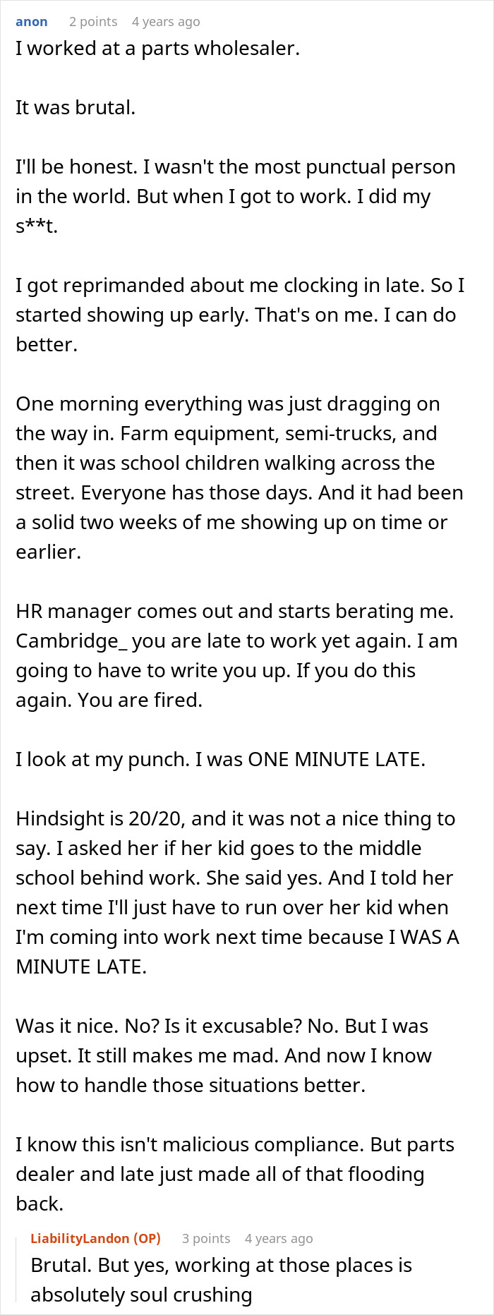 Text post explaining a guy&rsquo;s experience being told to stop being late and stick to his schedule at work.